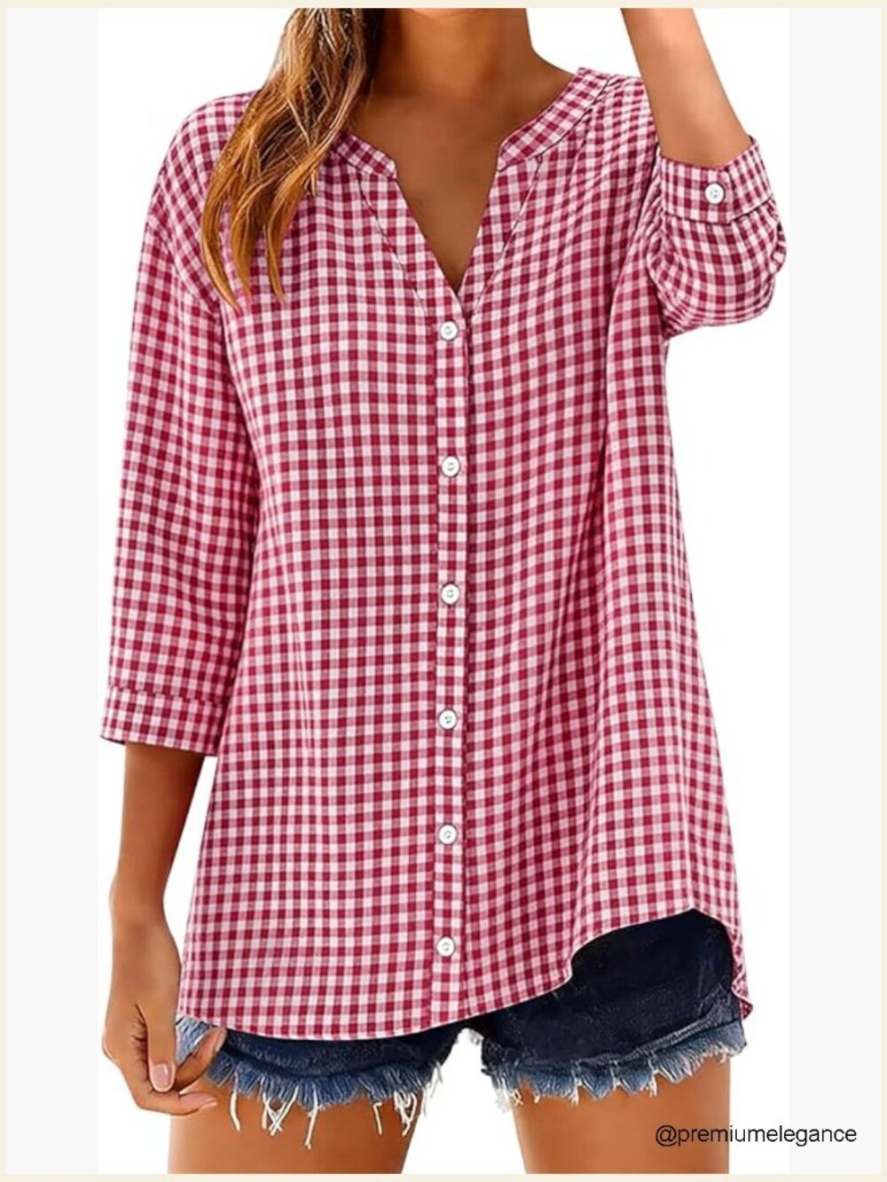 Cotton 3/4 Sleeve Button Down Shirt V Neck Casual Loose Blouse